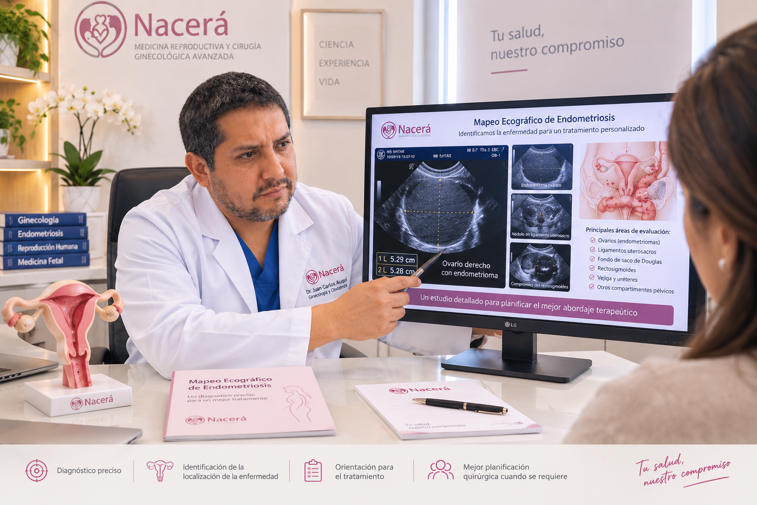 Dr. Juan Carlos Auqui explicando los resultados del mapeo de endometriosis